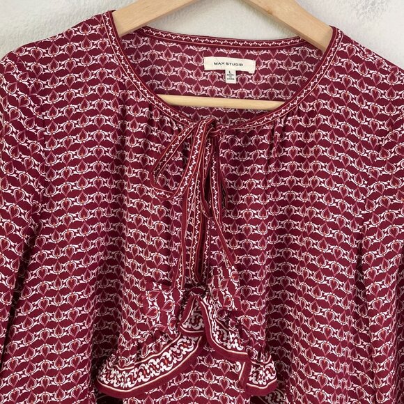Max Studio Womens Large Burgundy White V Neck Ruffle Blouse Shirt Top - Picture 8 of 12